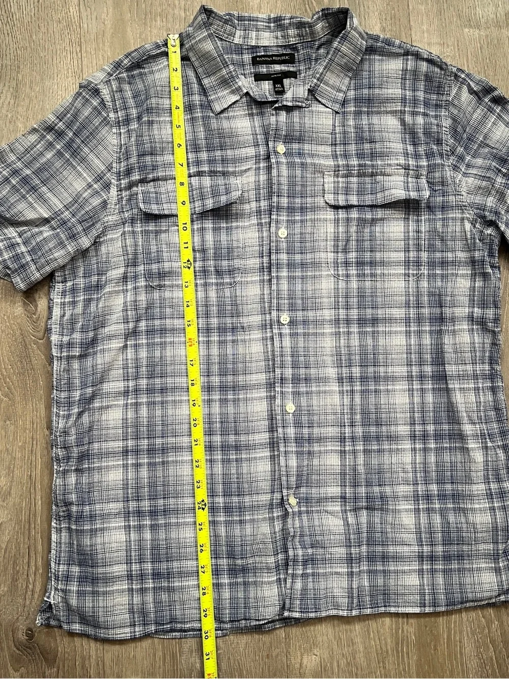 Banana Republic Men’s Light Blue and White Plaid Button-Down Shirt